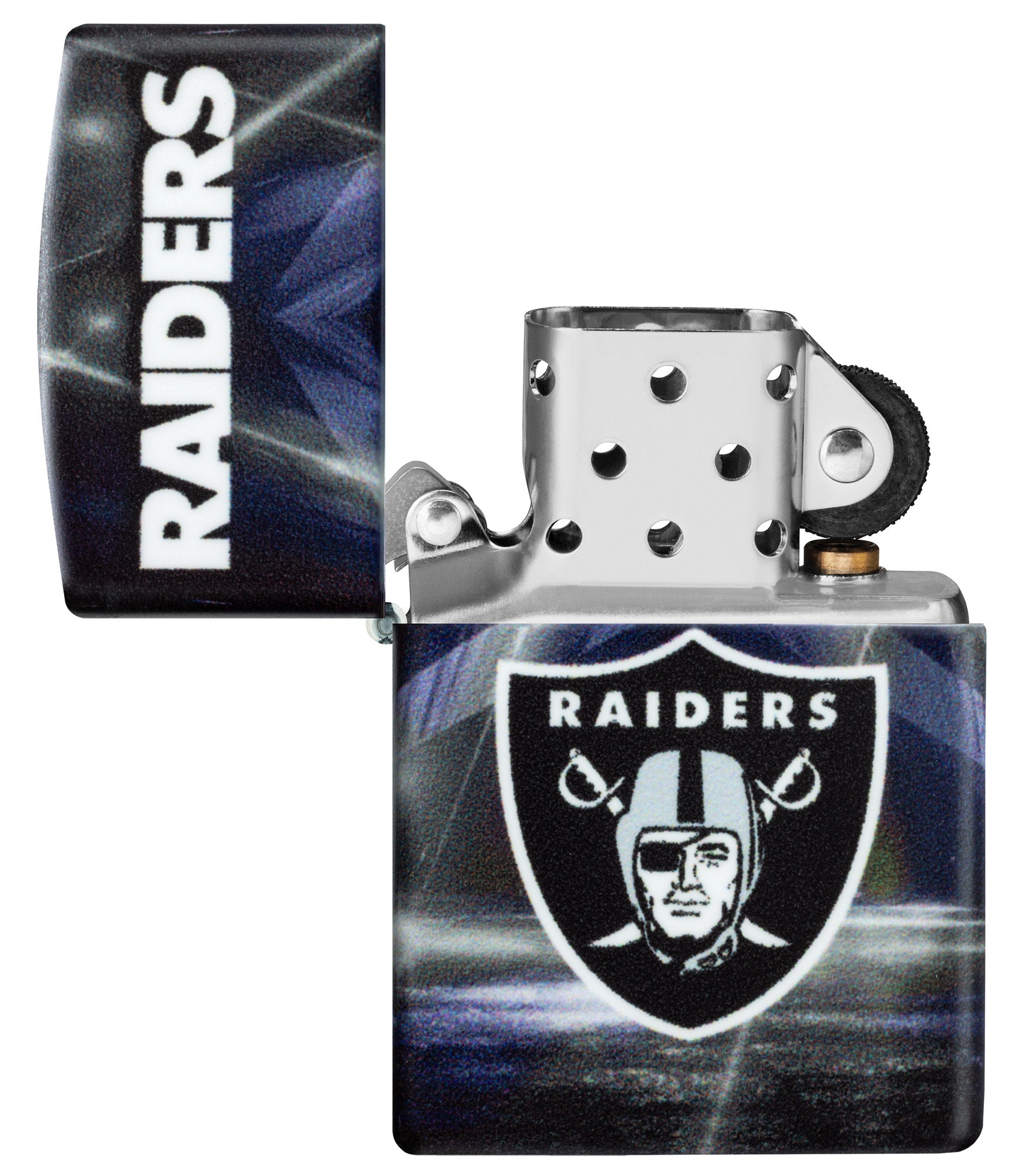 Zippo NFL Las Vegas Raiders 540 Matte Windproof Lighter with its lid open and unlit.