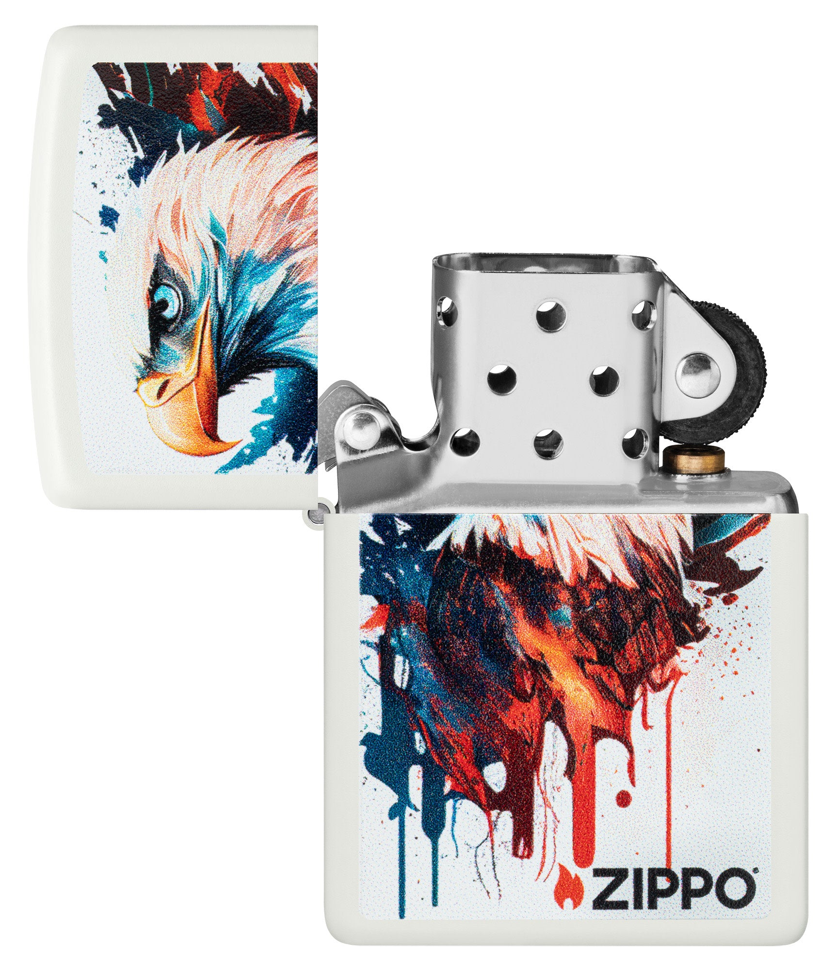 Zippo Painted Eagle Design White Matte Windproof Lighter with its lid open and unlit.