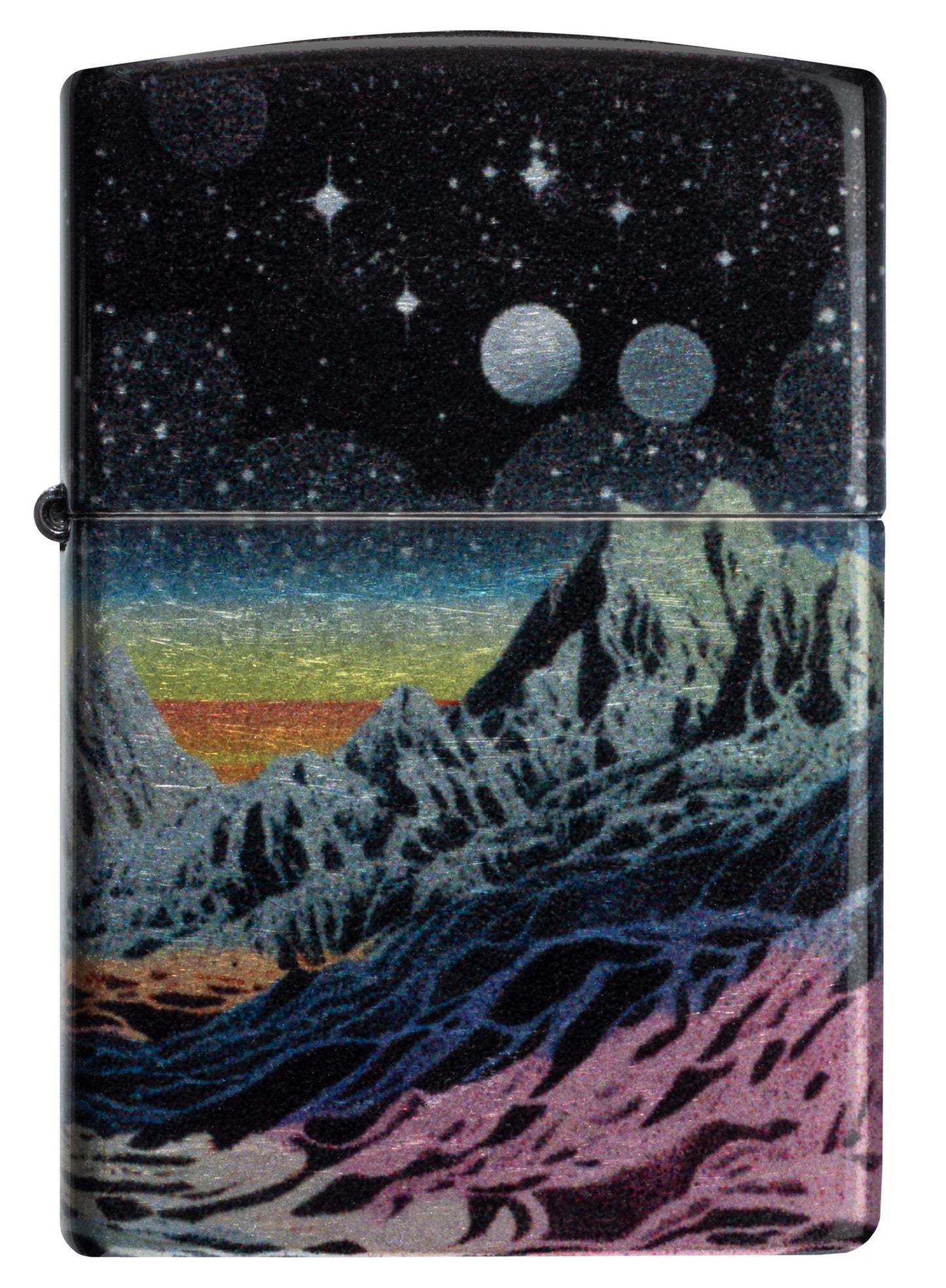 Front view of Zippo Space in Color Design 540 Tumbled Chrome Windproof Lighter.