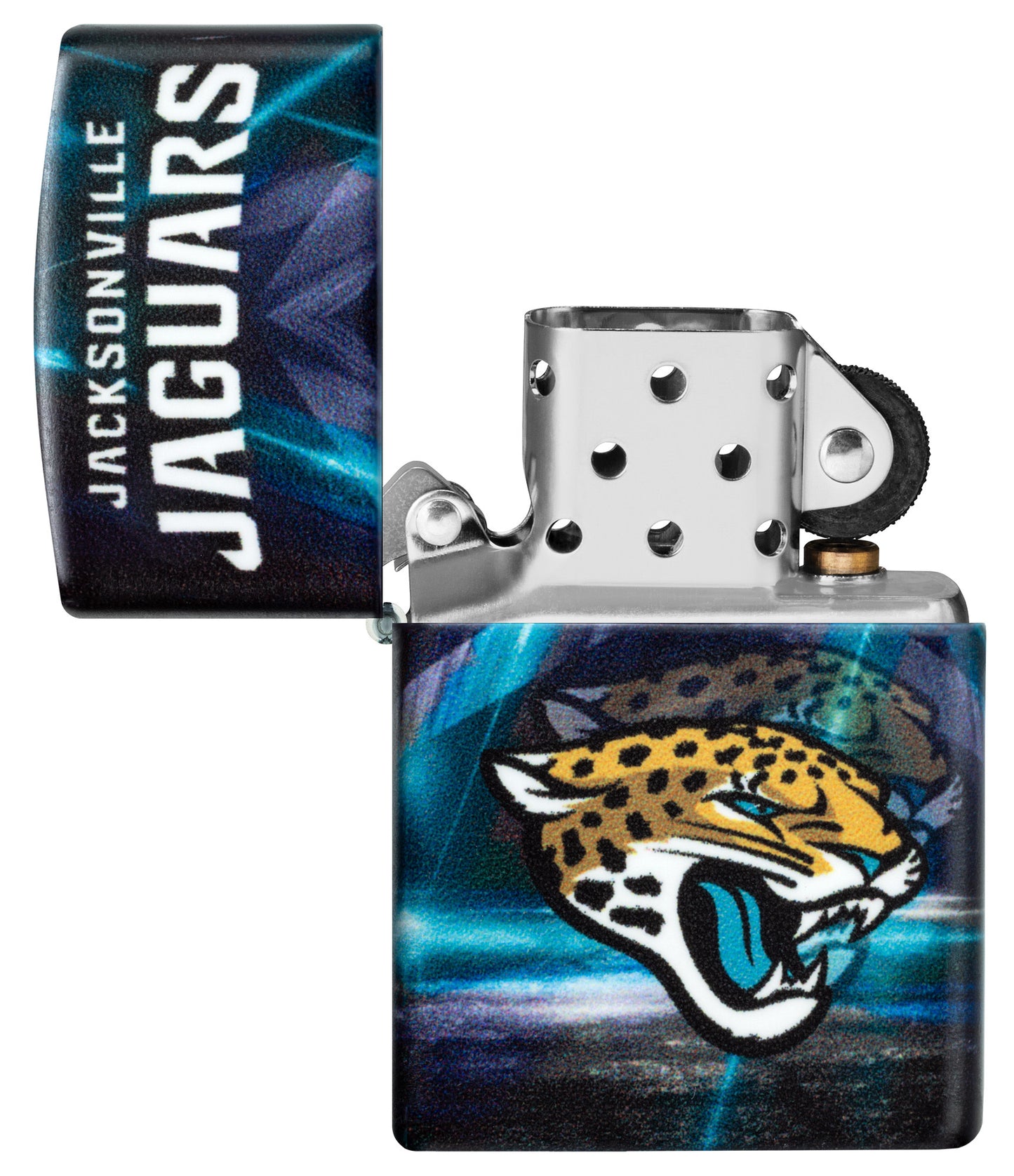 Zippo NFL Jacksonville Jaguars 540 Matte Windproof Lighter with its lid open and unlit.