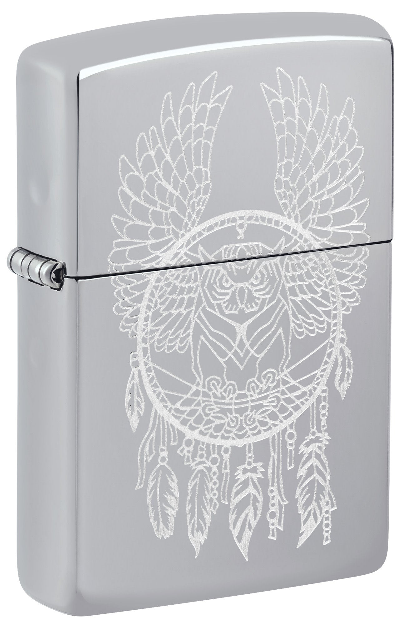 Front shot of Zippo Dreamcatcher Design High Polish Chrome Windproof Lighter standing at a 3/4 angle.