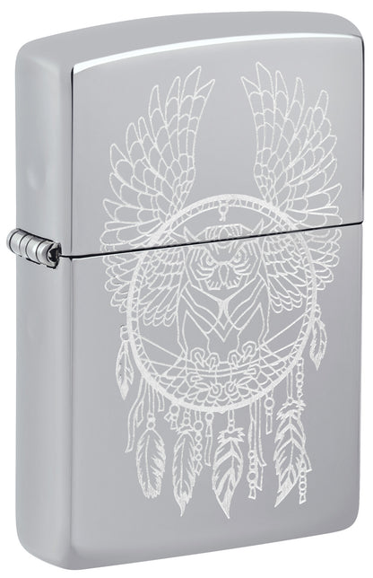 Front shot of Zippo Dreamcatcher Design High Polish Chrome Windproof Lighter standing at a 3/4 angle.