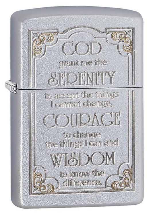 Front shot of Satin Chrome Serenity Prayer Windproof Lighter standing at a 3/4 angle.