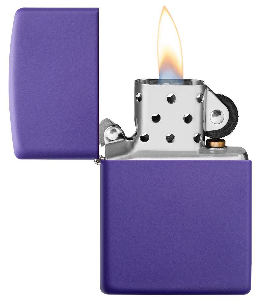 Purple Matte windproof lighter with the lid open and lit