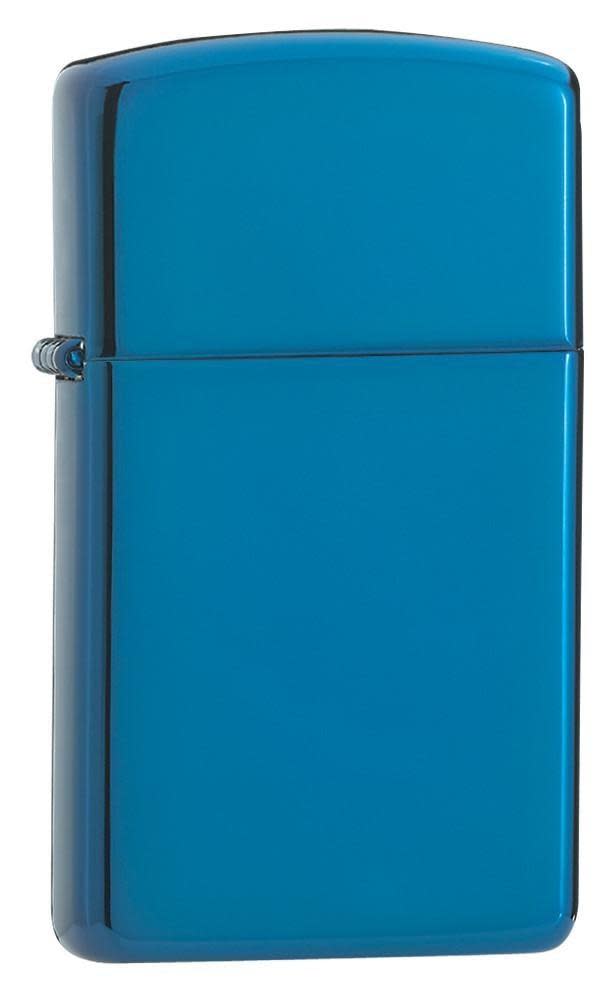 Front shot of High Polish Blue Finish with Slim Case standing at a 3/4 angle.