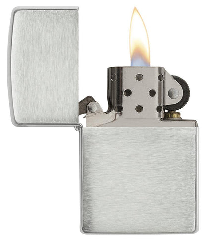 ArmorÂ® Brushed Sterling Silver Windproof Lighter with its lid open and lit