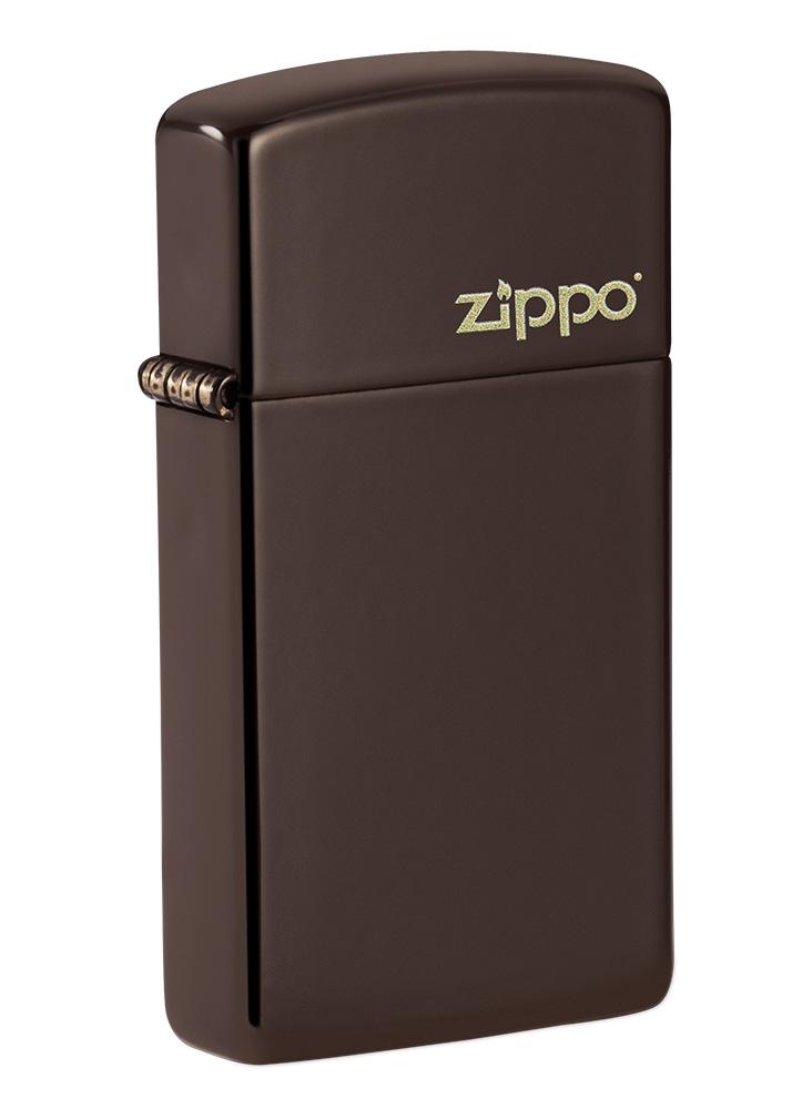 Front shot of Slim Brown Zippo Logo Windproof Lighter standing at a 3/4 angle