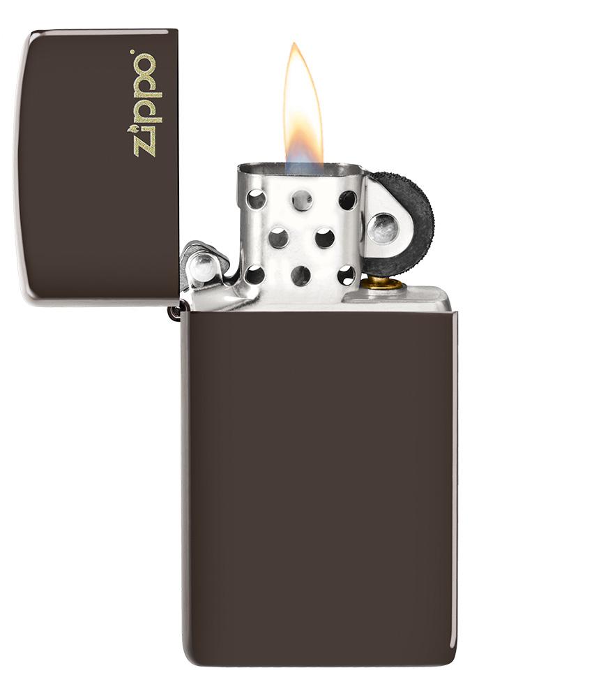 Slim Brown Zippo Logo Windproof Lighter with its lid open and lit