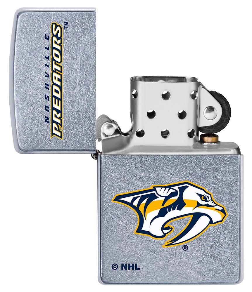 ©NHL Nashville Predators Street Chrome™ Windproof Lighter with its lid open and unlit