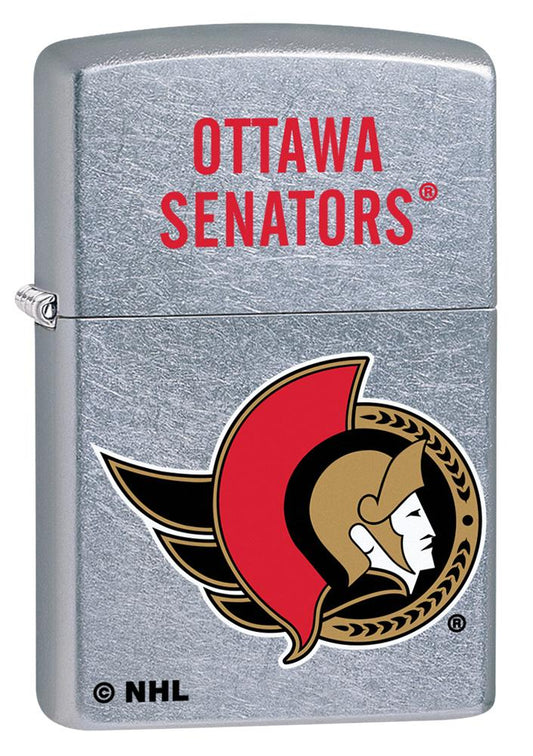 Front shot of the NHL Ottawa Senatorsr Street Chrome Windproof Lighter standing at a 3/4 angle