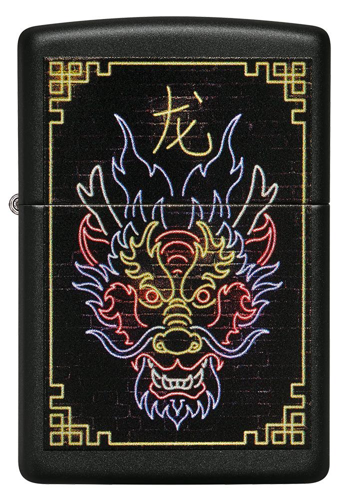 Front of Neon Dragon Design Black Matte Windproof Lighter