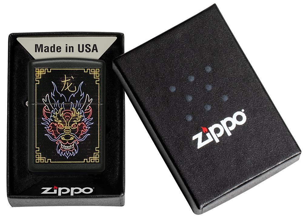 Neon Dragon Design Black Matte Windproof Lighter in its packaging