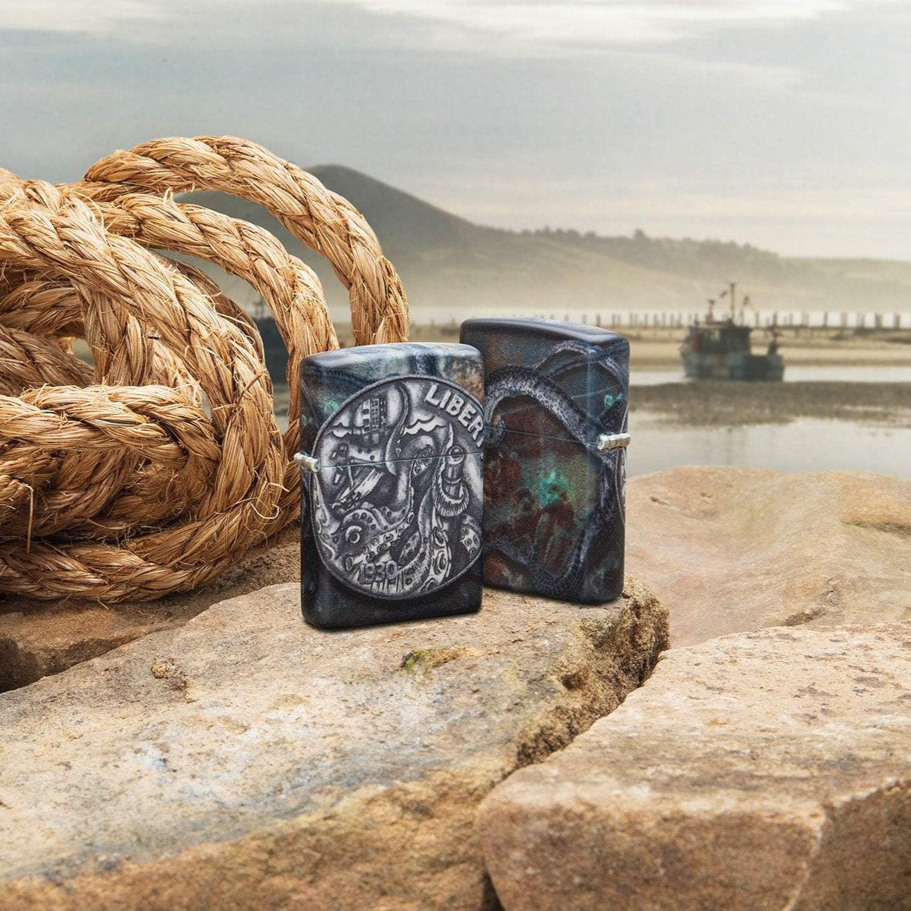 Lifestyle image of Pirate Coin 540 Color Design Windproof Lighter, standing on a rock with rope next to it and a ship in the background. One lighter is showing the front of the design , with the second lighter showing the back of the design.