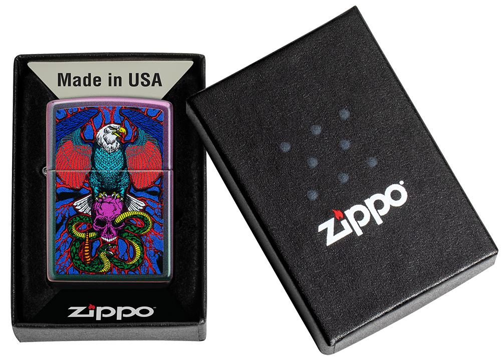 Eagle, Snake, Skull Design Iridescent Windproof Lighter in its packaging