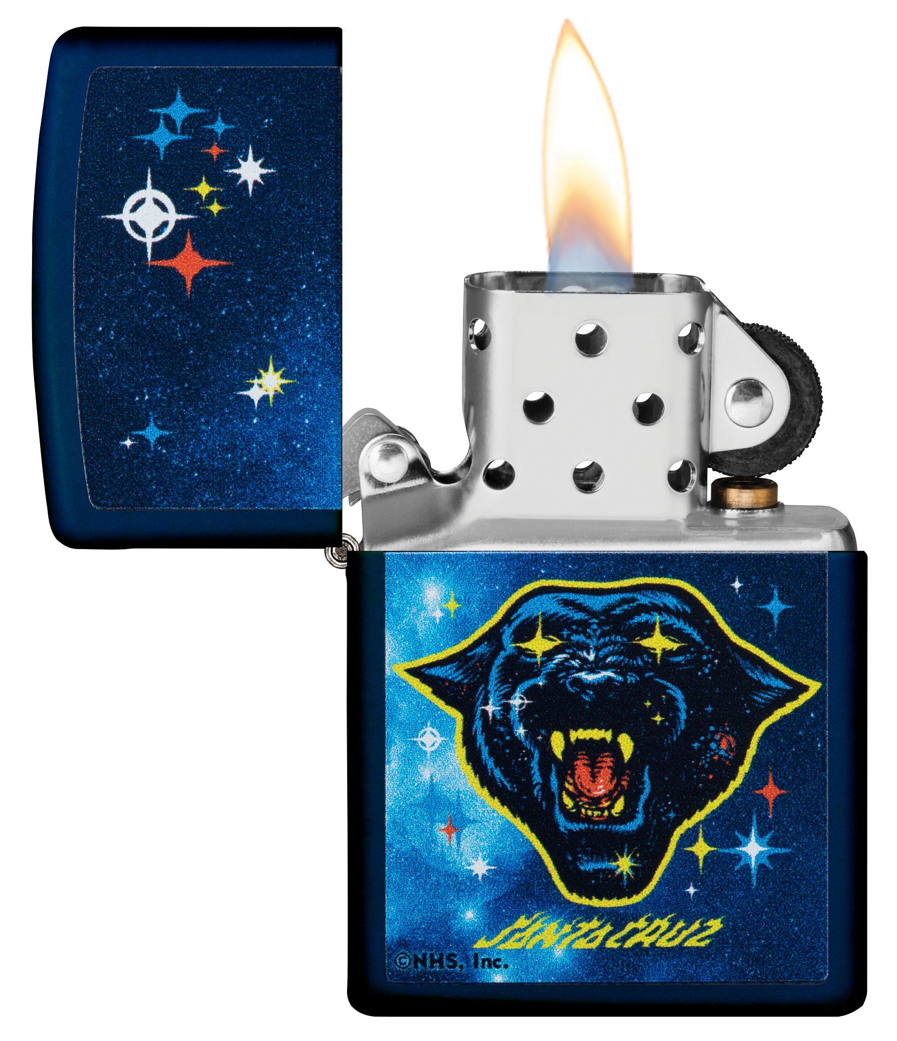 Santa Cruz Panther Navy Matte Windproof Lighter with its lid open and lit