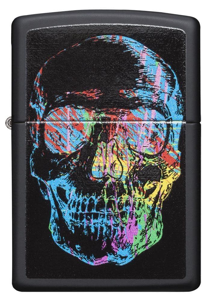 Front view of Colorful Skull Black Matte Windproof Lighter