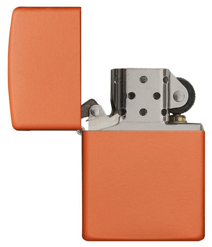 Classic Orange Matte Windproof Lighter with its lid open and unlit