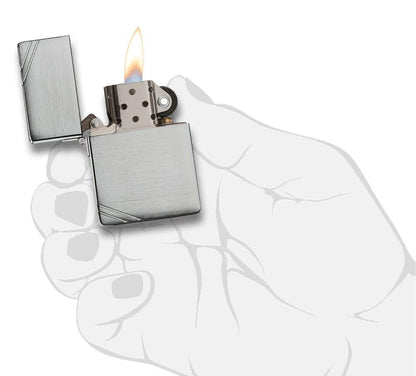 Brushed Chrome 1935 Replica Windproof Lighter with Slashes lit in hand