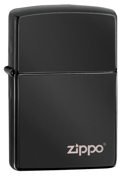 Front shot of Classic High Polish Black Zippo Logo Windproof Lighter standing at a 3/4 angle.