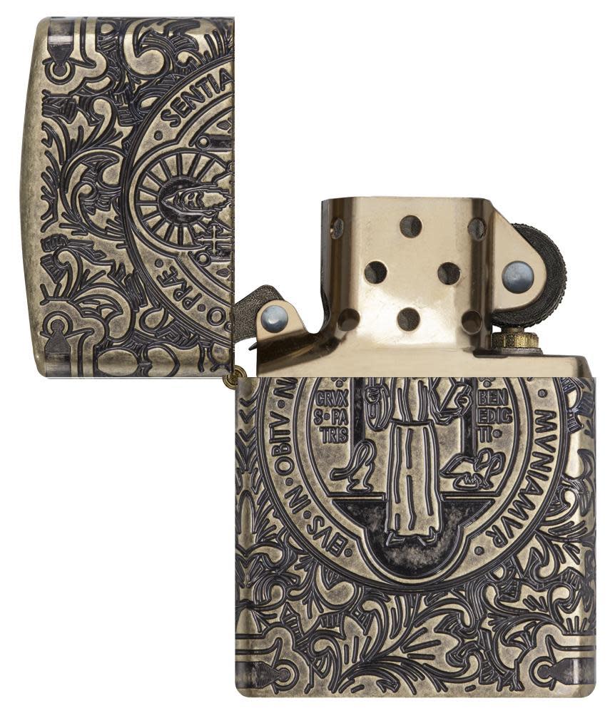 St Benedict Design Windproof Lighter open and unlit