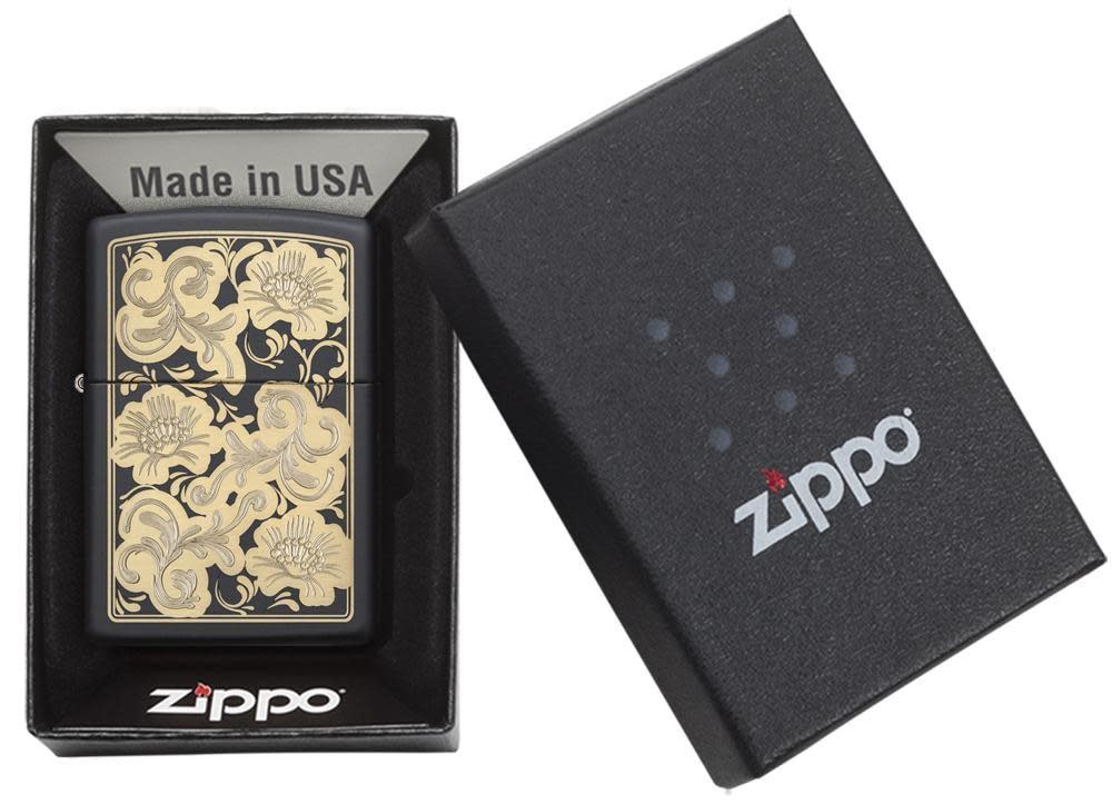 Carving 革巻きzippo BLACK／フラワー Fancy Floral Black Matte Lighter – Zippo USA
