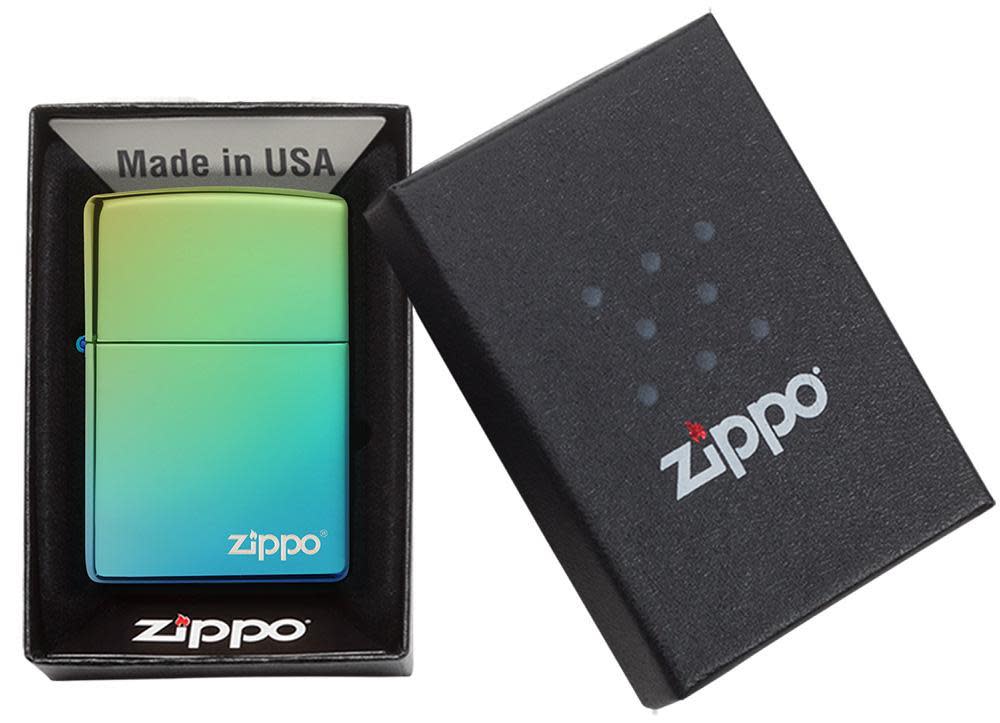 High Polish Teal Zippo Logo windproof lighter in packaging