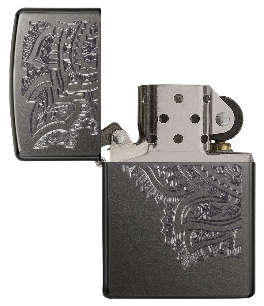 Iced Paisley Gray Windproof Lighter with its lid open and unlit