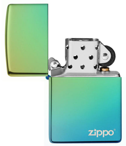 High Polish Teal Zippo Logo windproof lighter with its lid open and not lit