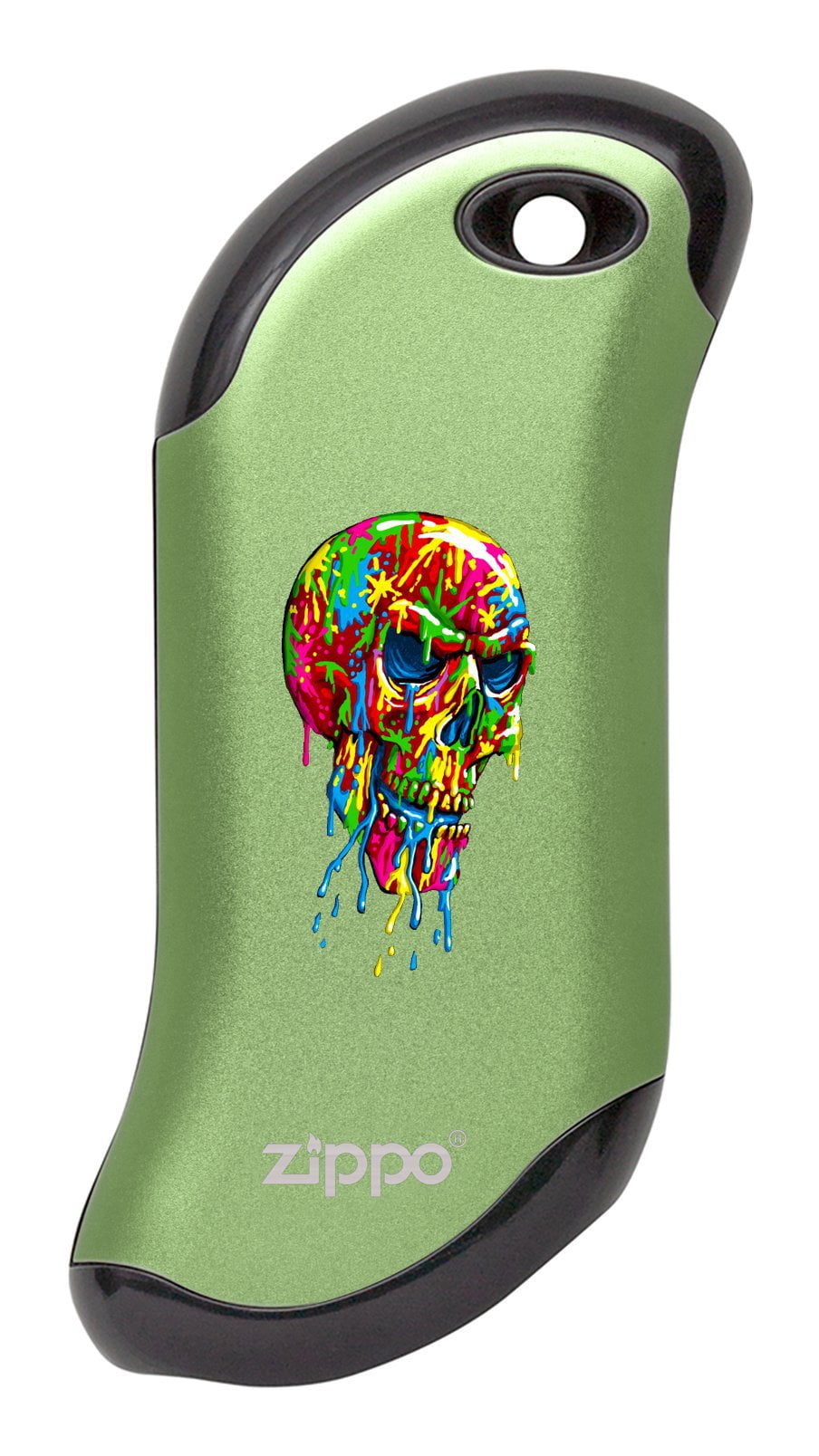 Front of Paint Splatter Skull: Green HeatBank® 9s Rechargeable Hand Warmer