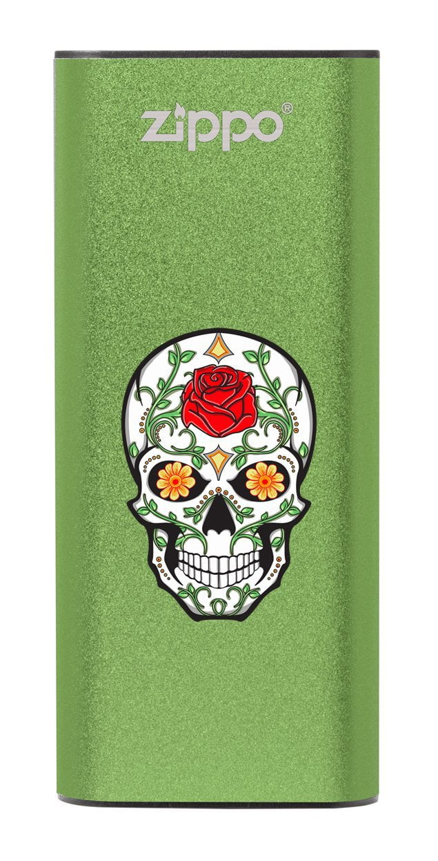 Front of Rose Sugar Skull: Green HeatBank® 3-Hour Rechargeable Hand Warmer