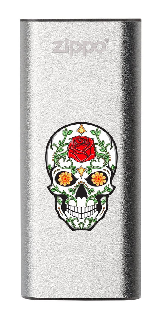 Front of Rose Sugar Skull: Silver HeatBank® 3-Hour Rechargeable Hand Warmer