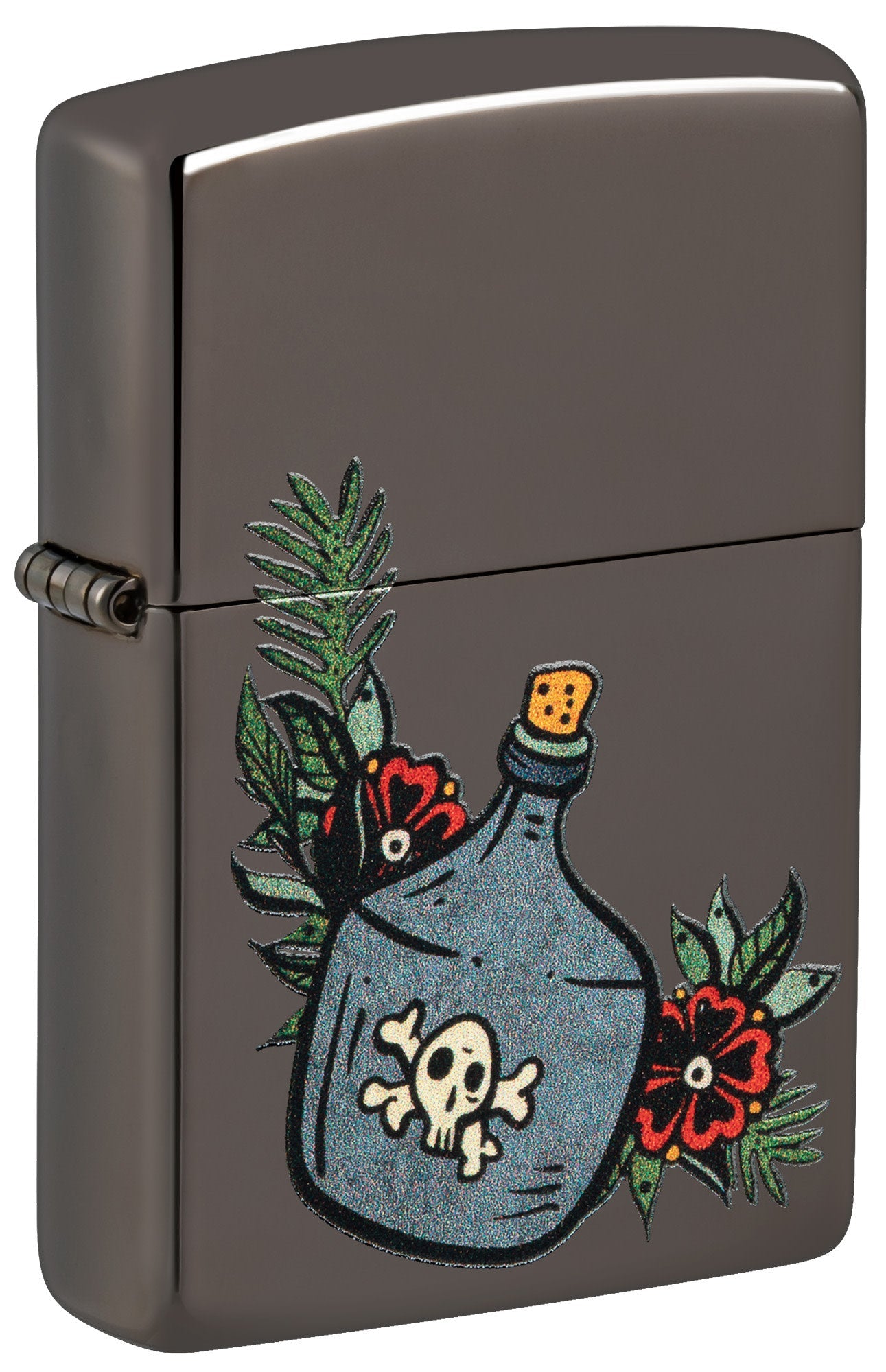 Front shot of Moonshine Jug Design Black Ice Windproof Lighter standing at a 3/4 angle.