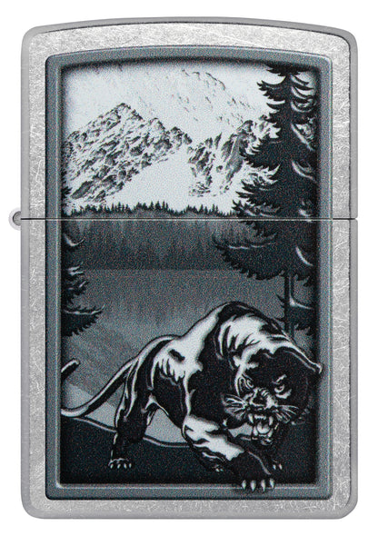 Front shot of Mountain Lion Design Street Chrome Windproof Lighter.