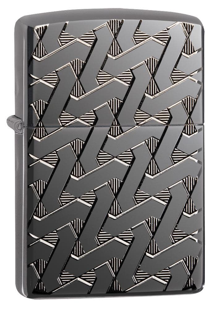 Armor Geometric Weave High Polish Black Ice Windproof Lighter facing forward at a 3/4 angle