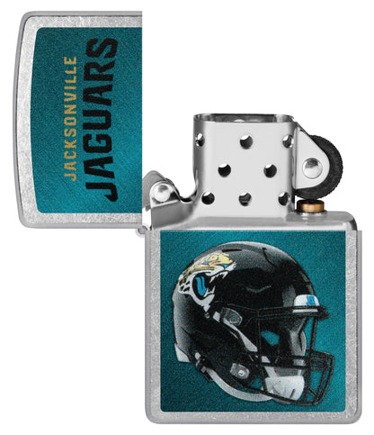 NFL Jacksonville Jaguars Helmet Street Chrome Windproof Lighter with its lid open and unlit.