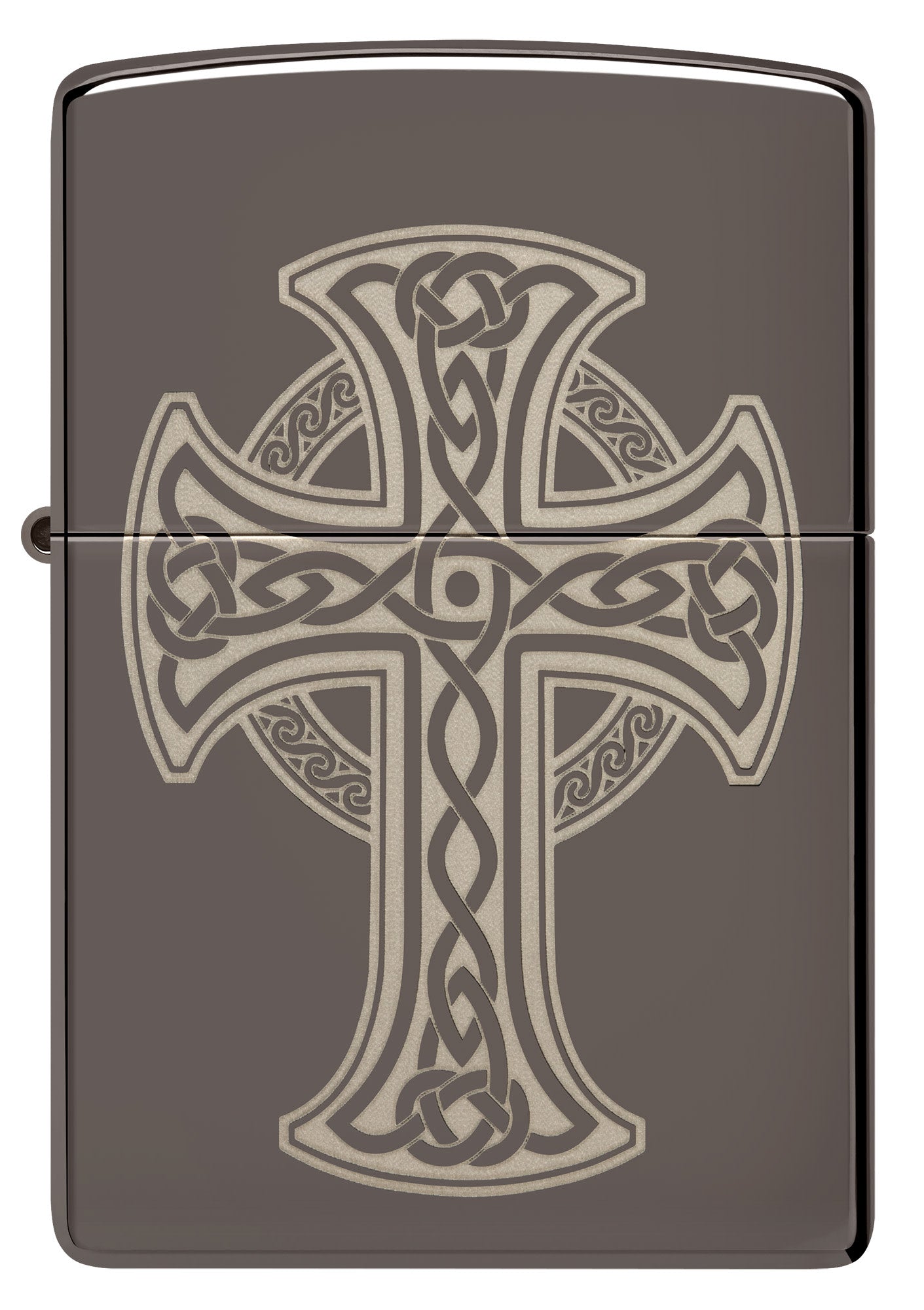 Front shot of Zippo Laser Engraved Celtic Cross Design Black Ice Windproof Lighter.