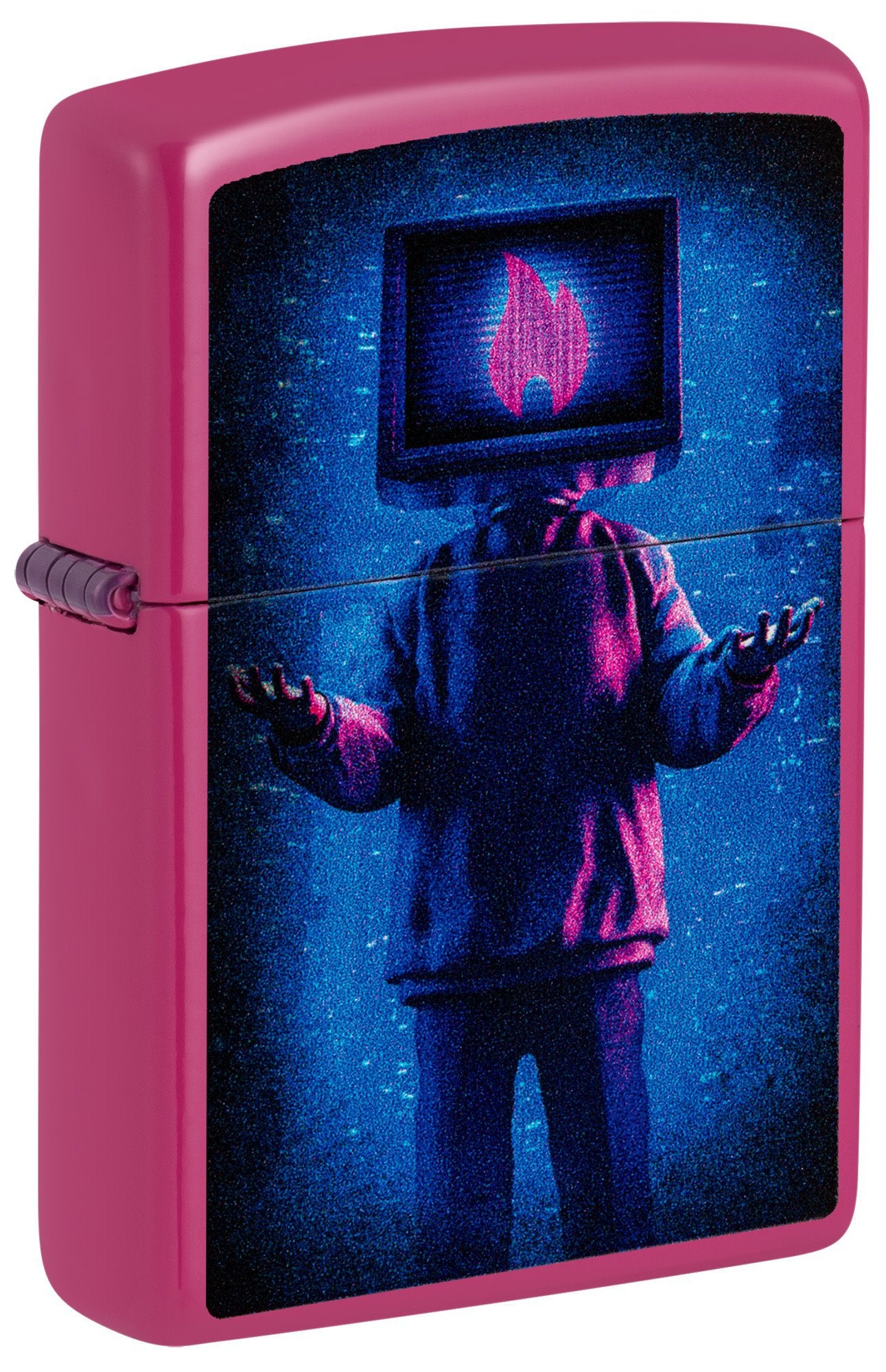 Front shot of Zippo Flame TV Man Design Frequency Windproof Lighter standing at a 3/4 angle.