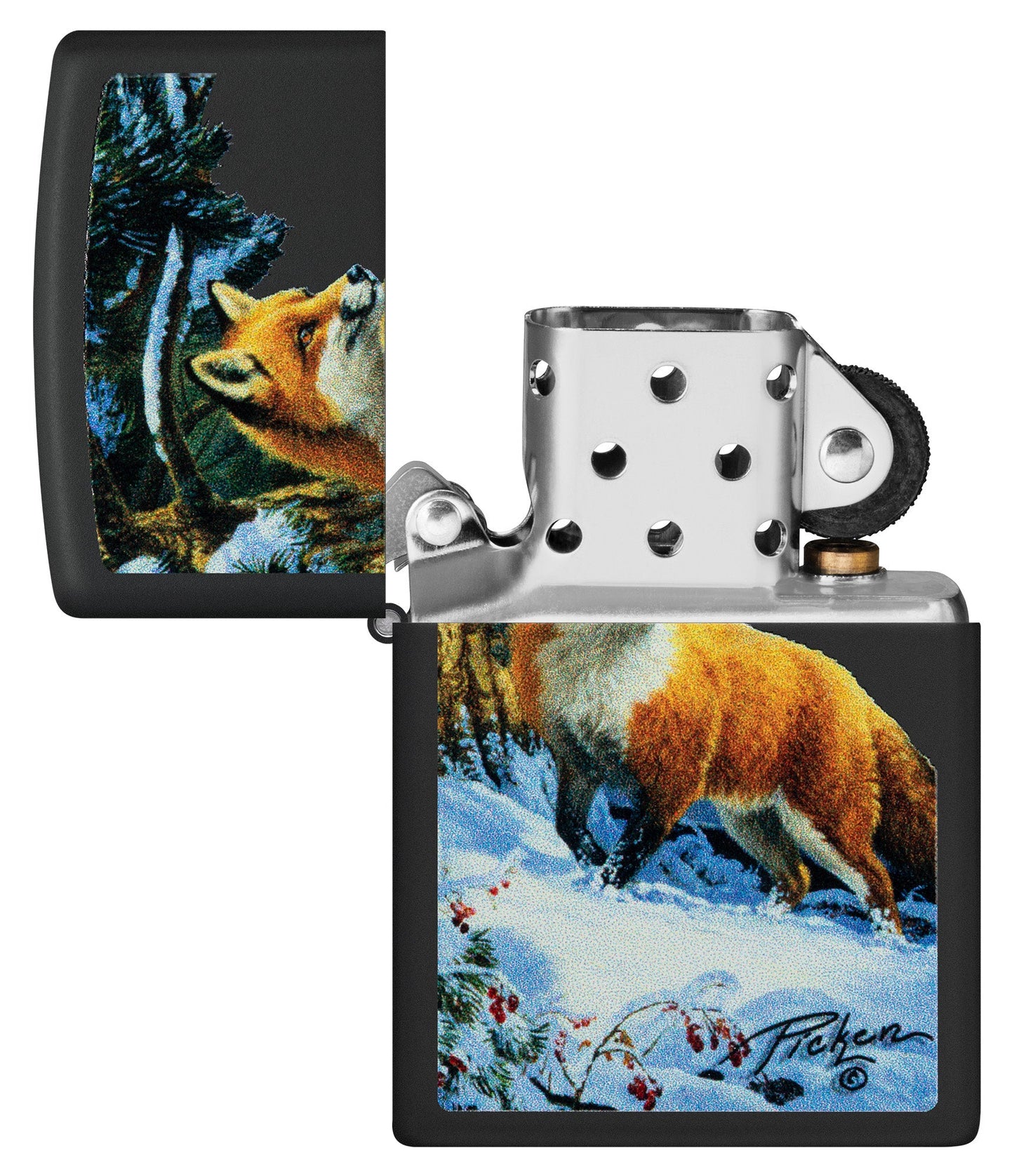 Zippo Linda Pickens Fox Design Black Matte Windproof Lighter with its lid open and unlit.