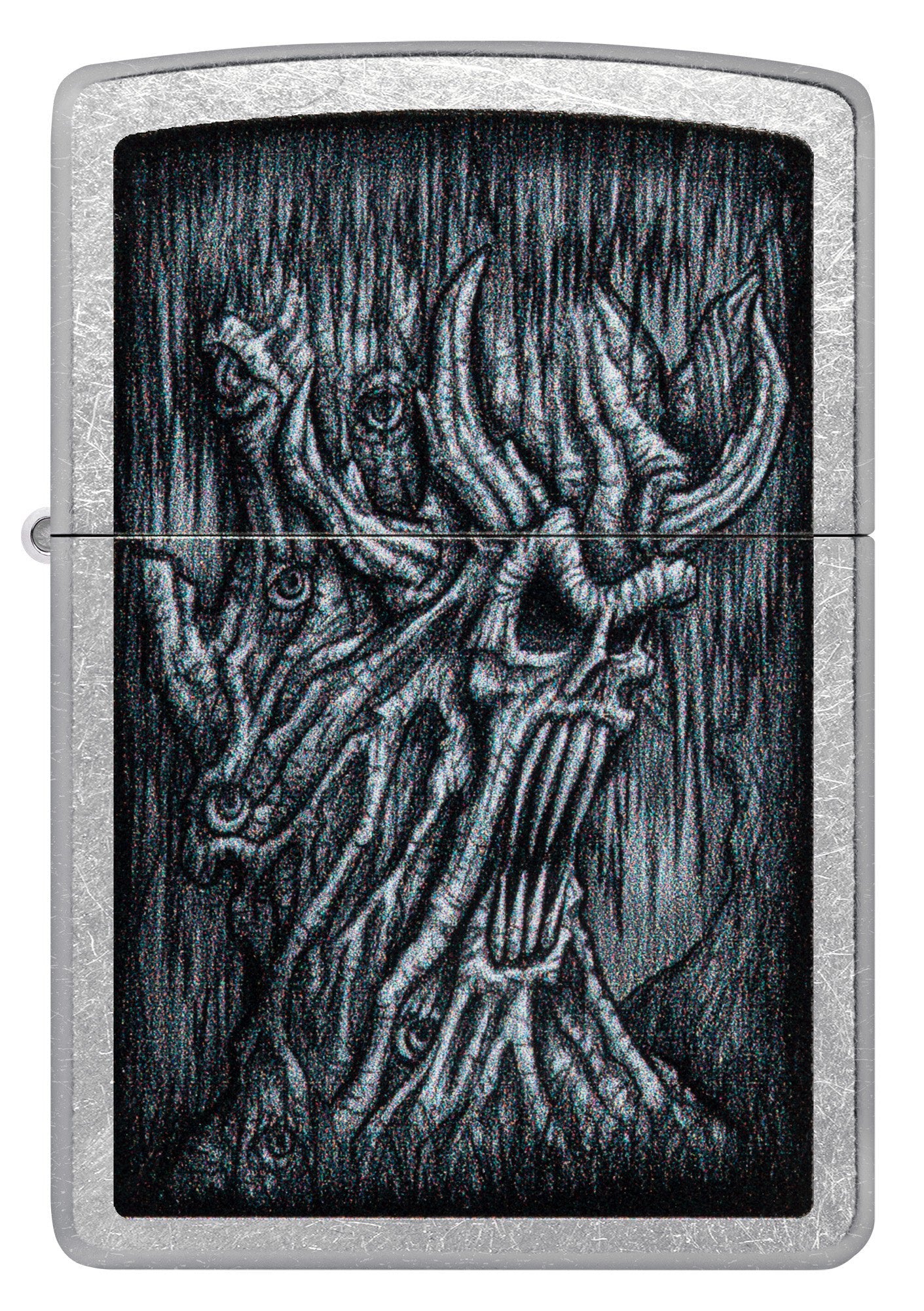 Front view of Zippo Evil Tree Design Street Chrome Windproof Lighter.