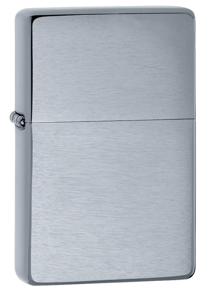 Front shot of Brushed Chrome Vintage Windproof Lighter standing at a 3/4 angle.