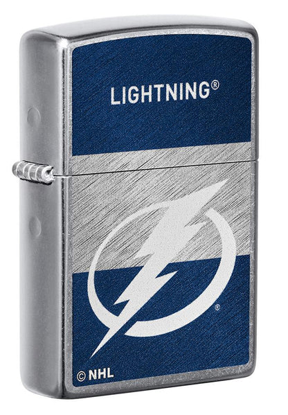 Front shot of NHL® Tampa Bay Lightning Street Chrome™ Windproof Lighter standing at a 3/4 angle