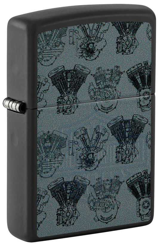 Front shot of Zippo Harley-Davidson Black Light Logo Black Matte Windproof Lighter standing at a 3/4 angle.