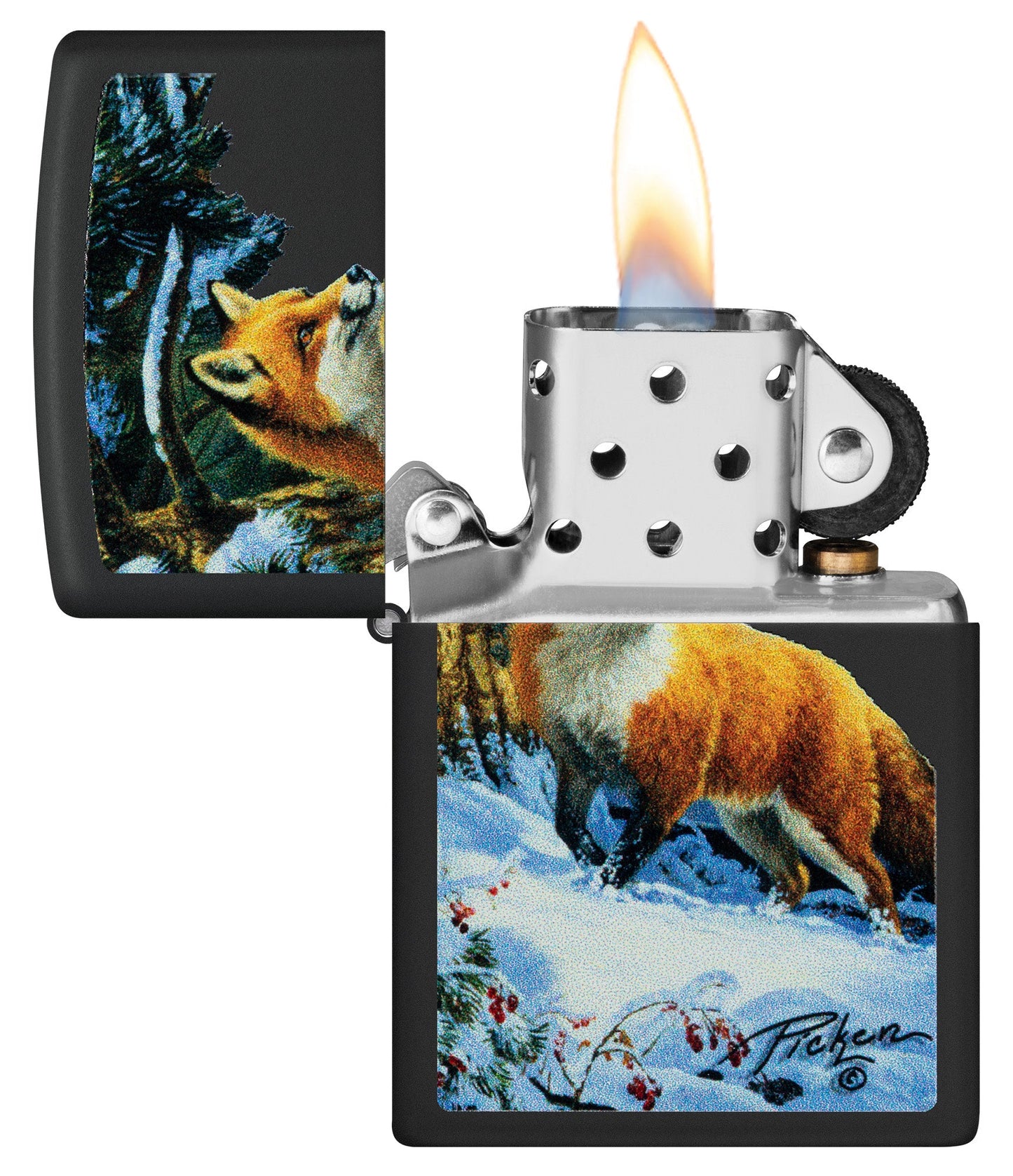 Zippo Linda Pickens Fox Design Black Matte Windproof Lighter with its lid open and lit.