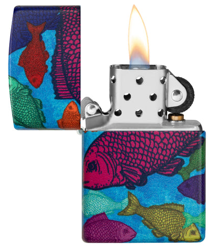 Fishy Design 540 Color Windproof Lighter lit in hand.