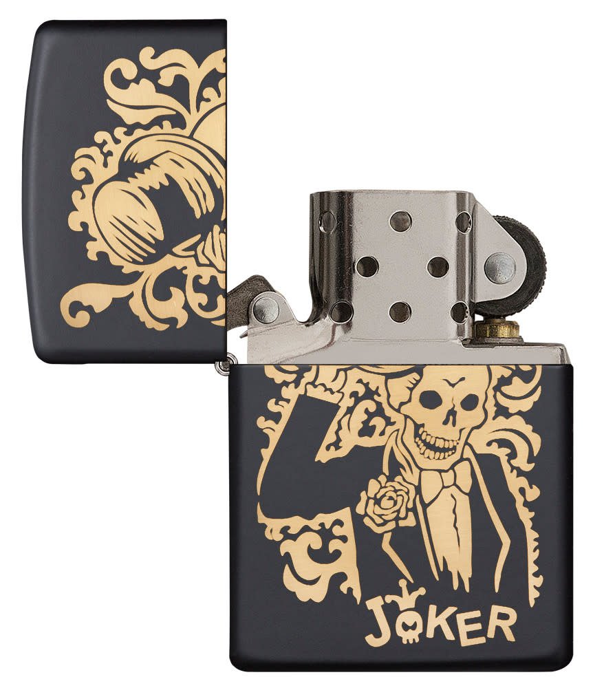 Front view of the Joke Skeleton Tipping Hat with Bronze Swirls on Black Matte Lighter open and unlit.