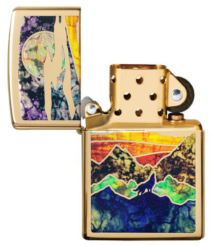 High Polish Brass Howling Wolf Windproof Lighter open and unlit