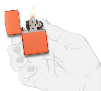 Classic Orange Matte Windproof Lighter lit in hand