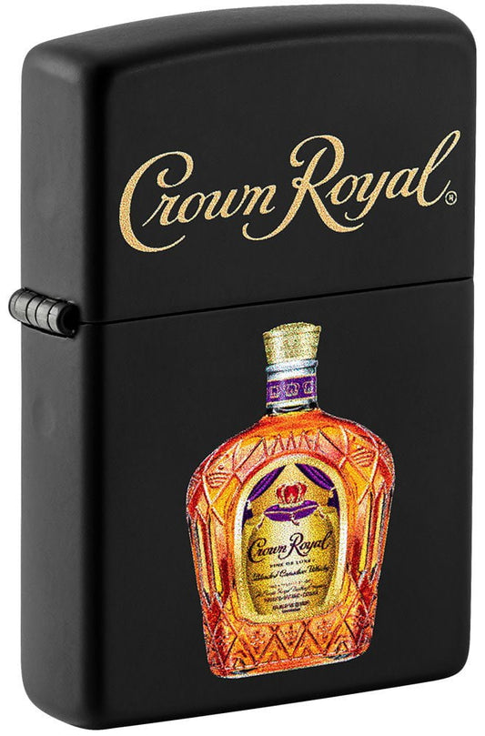 Front shot of Crown Royal® Logo Black Matte Windproof Lighter standing at a 3/4 angle.