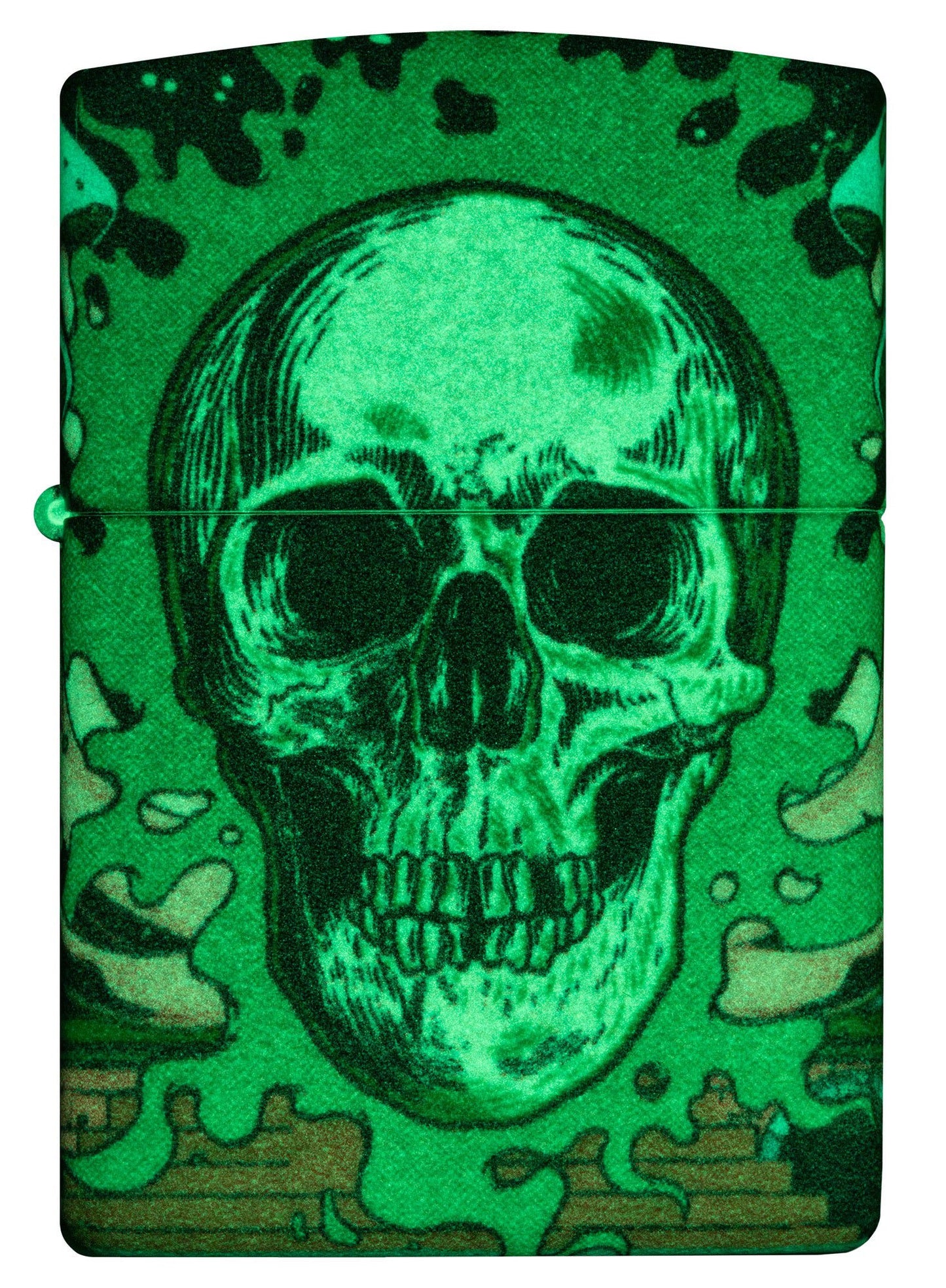 Front view of Zippo Trippy Skull Design Glow in the Dark 540 Color Windproof Lighter glowing in the dark.