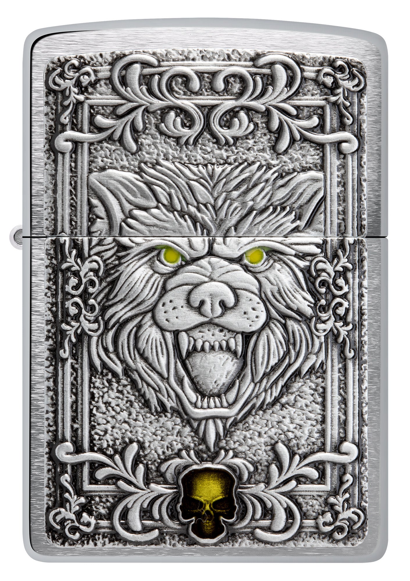 Front view of Zippo Wolf Emblem Design Brushed Chrome Windproof Lighter.
